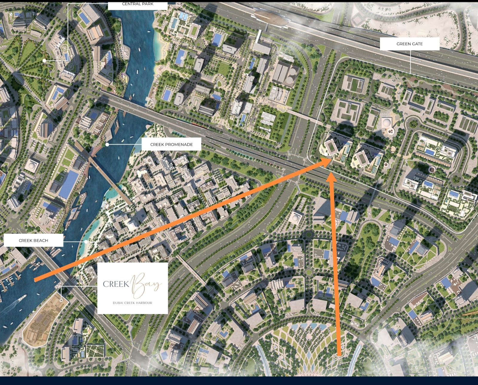 Seller-supplied Dubai Creek Harbour map with location arrows