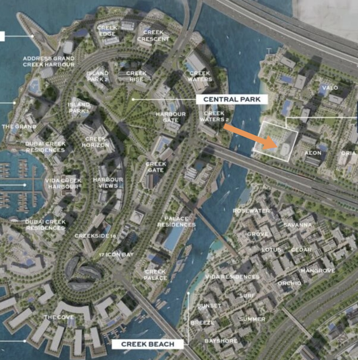 Seller-supplied Dubai Creek Harbour map indicating the Arlo location